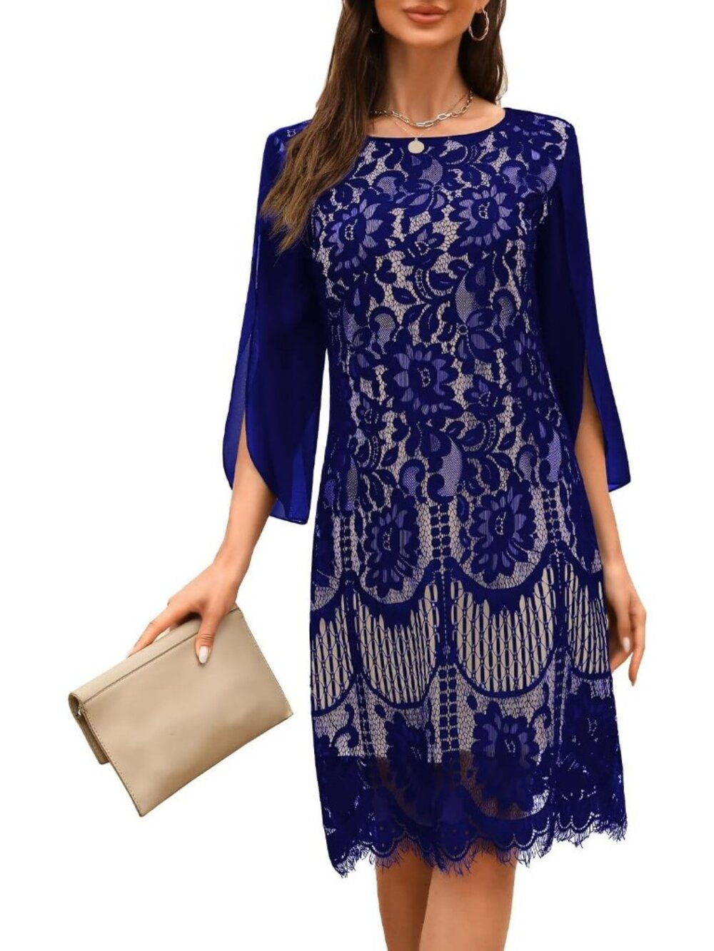 Women's Blue Apricot Sequins Stylish Wedding Cocktail & Formal Lace Dresses